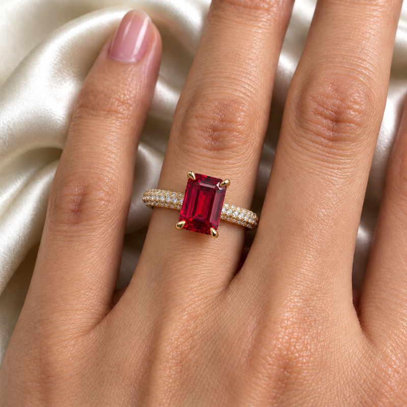 Emerald Cut Lab Grown Ruby Hidden Halo Pave Engagement Ring - Image 5