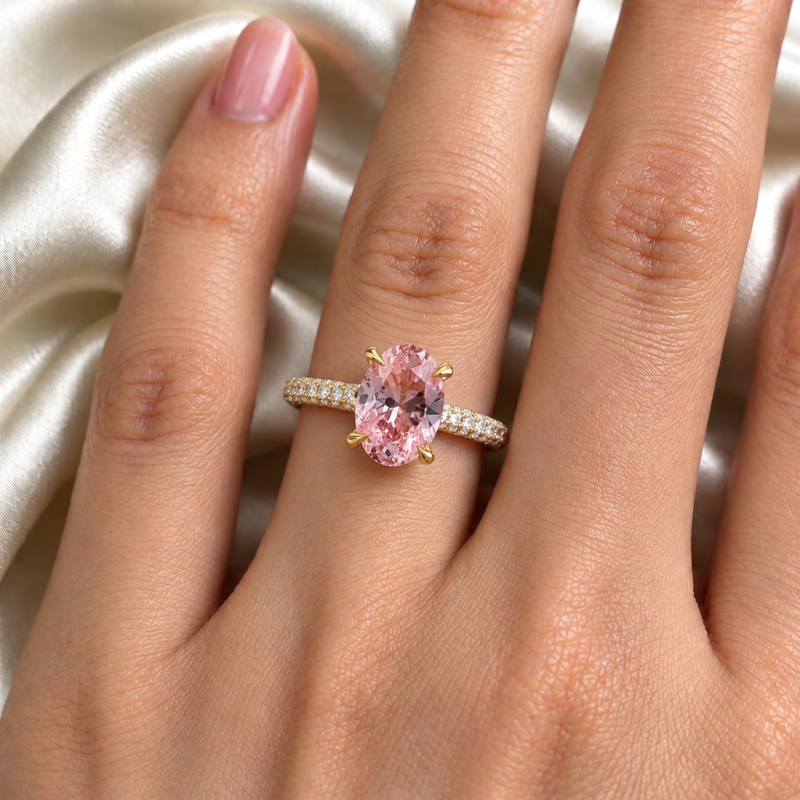 Oval Cut Lab Grown Morganite Hidden Halo Pave Engagement Ring - Image 5