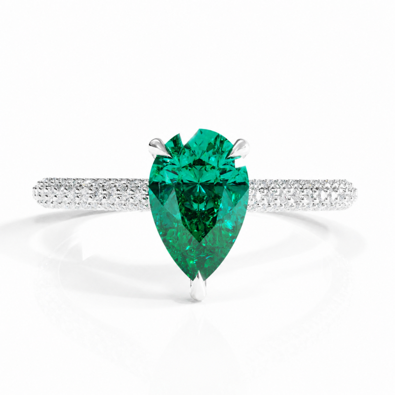 Pear Cut Lab Grown Emerald Hidden Halo Pave Engagement Ring - Image 3