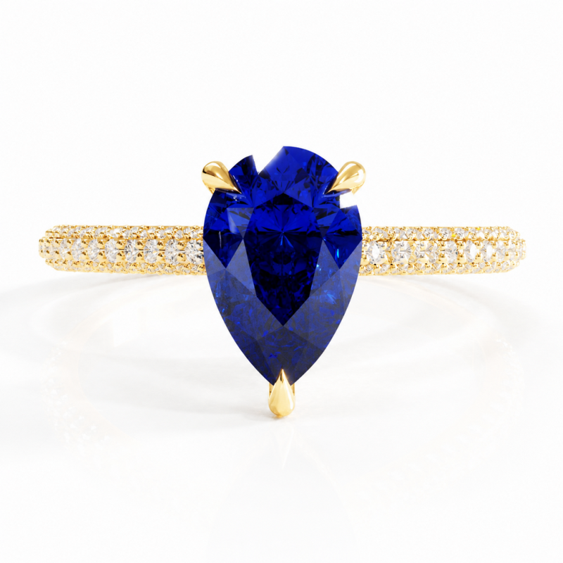 Pear Cut Lab Grown Sapphire Hidden Halo Pave Engagement Ring - Image 1