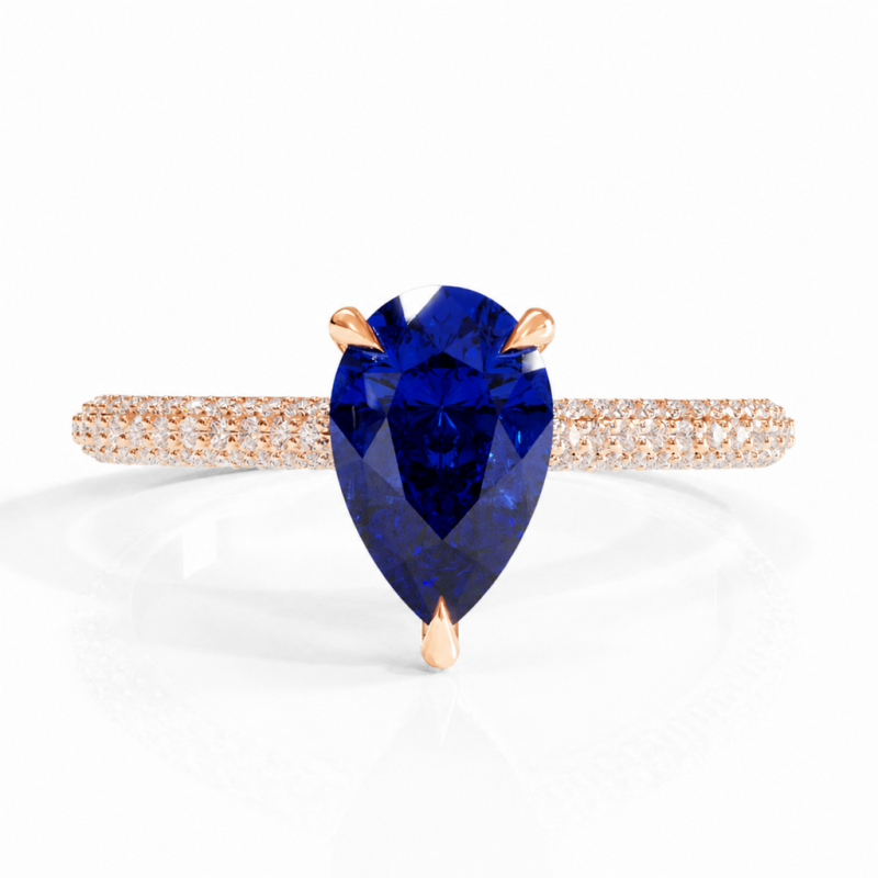 Pear Cut Lab Grown Sapphire Hidden Halo Pave Engagement Ring - Image 2