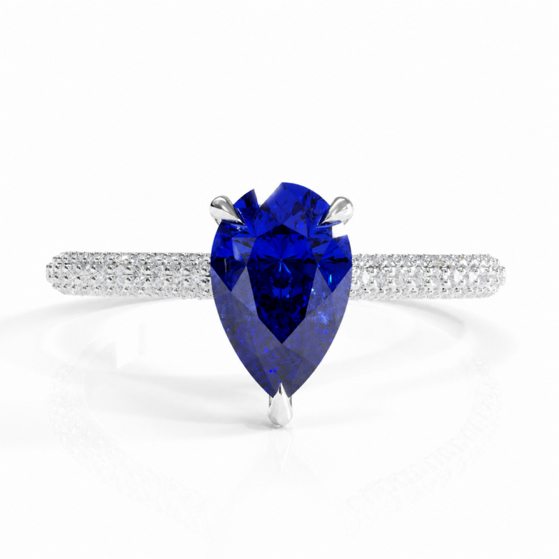 Pear Cut Lab Grown Sapphire Hidden Halo Pave Engagement Ring - Image 3