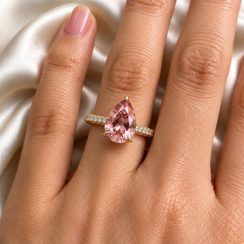 Pear Cut Lab Grown Morganite Hidden Halo Pave Engagement Ring - Image 5