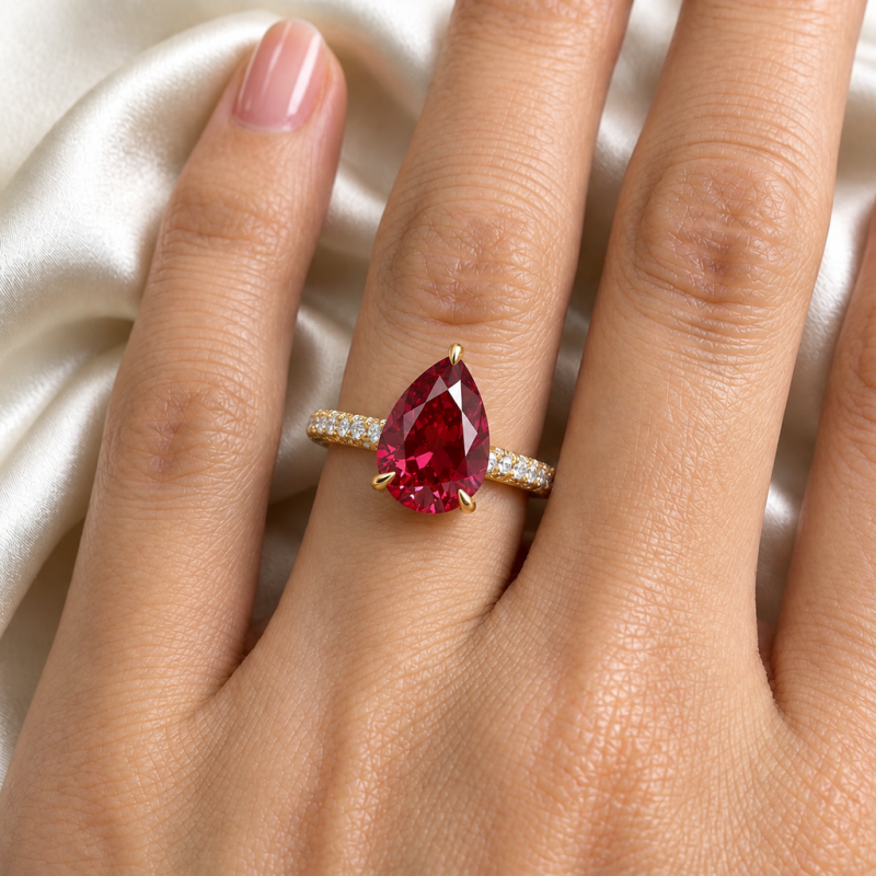 Pear Cut Lab Grown Ruby Hidden Halo Pave Engagement Ring - Image 5