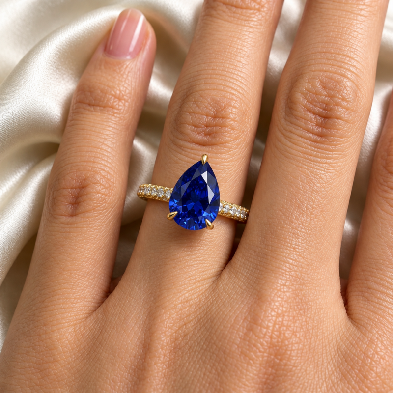 Pear Cut Lab Grown Sapphire Hidden Halo Pave Engagement Ring - Image 5