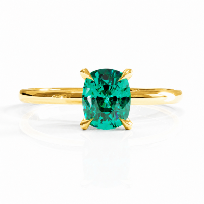 Elongated Cushion Cut Lab Grown Emerald Hidden Halo Solitaire Engagement Ring
