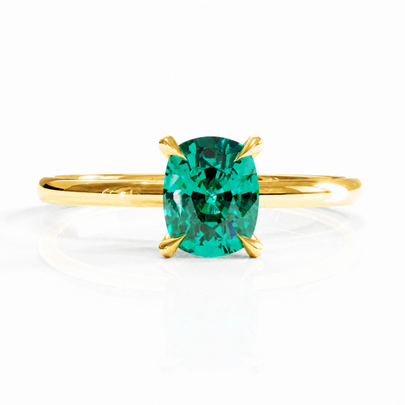 Elongated Cushion Cut Lab Grown Emerald Hidden Halo Solitaire Engagement Ring - Image 1
