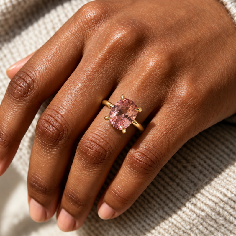 Elongated Cushion Cut Lab Grown Morganite Hidden Halo Solitaire Engagement Ring - Image 5