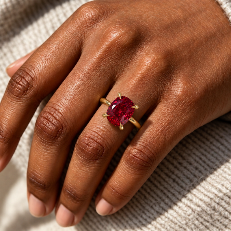 Elongated Cushion Cut Lab Grown Ruby Hidden Halo Solitaire Engagement Ring - Image 5