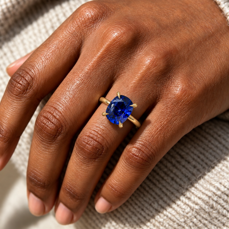 Elongated Cushion Cut Lab Grown Sapphire Hidden Halo Solitaire Engagement Ring - Image 5