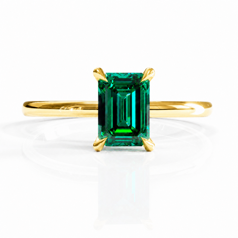 Emerald Cut Lab Grown Emerald Hidden Halo Solitaire Engagement Ring - Image 1