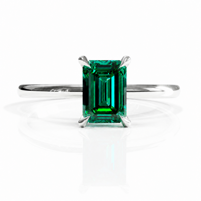Emerald Cut Lab Grown Emerald Hidden Halo Solitaire Engagement Ring - Image 3