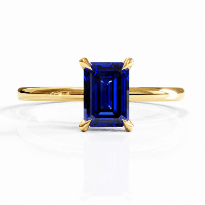 Emerald Cut Lab Grown Sapphire Hidden Halo Solitaire Engagement Ring
