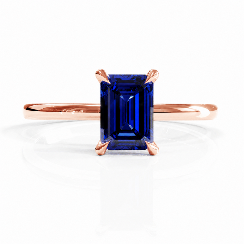 Emerald Cut Lab Grown Sapphire Hidden Halo Solitaire Engagement Ring - Image 2