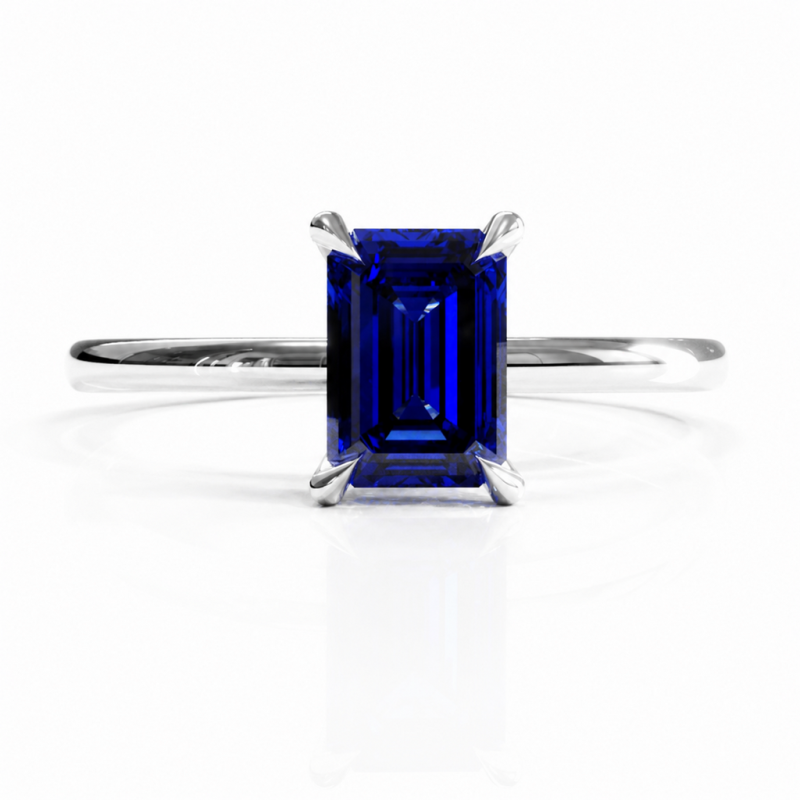 Emerald Cut Lab Grown Sapphire Hidden Halo Solitaire Engagement Ring - Image 3