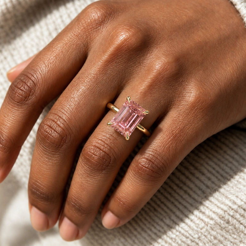 Emerald Cut Lab Grown Morganite Hidden Halo Solitaire Engagement Ring - Image 5