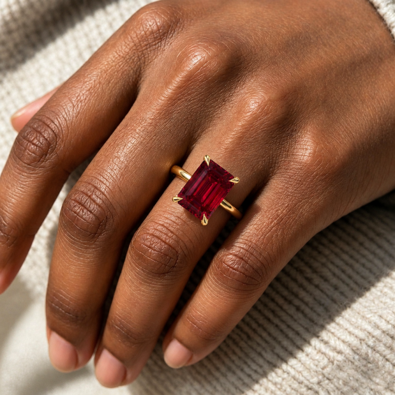 Emerald Cut Lab Grown Ruby Hidden Halo Solitaire Engagement Ring - Image 5