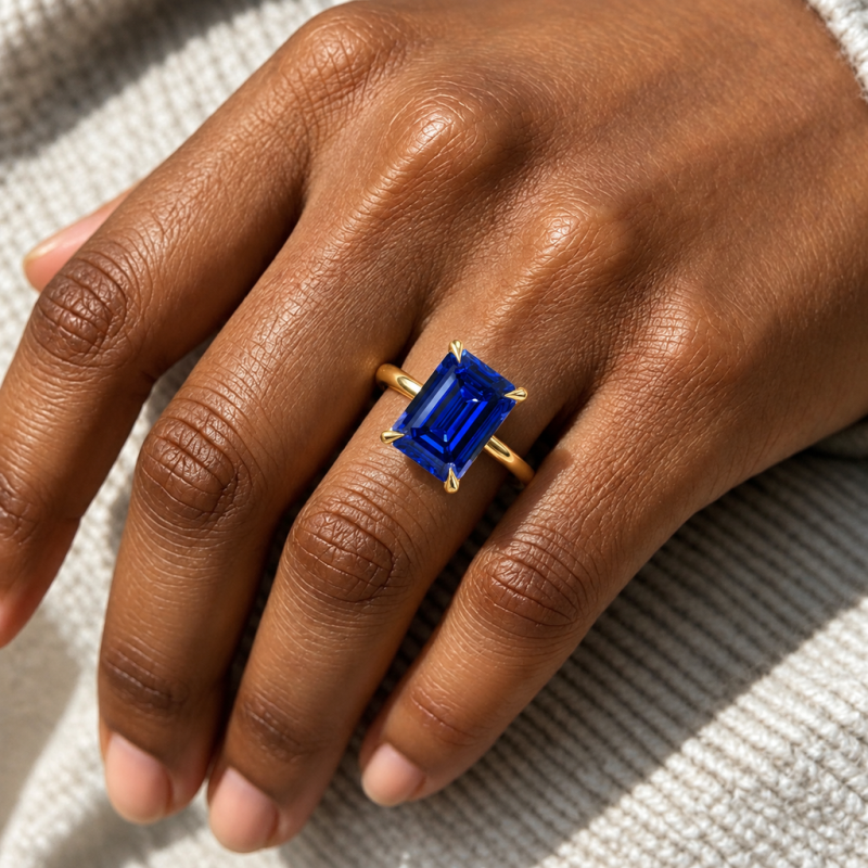 Emerald Cut Lab Grown Sapphire Hidden Halo Solitaire Engagement Ring - Image 5