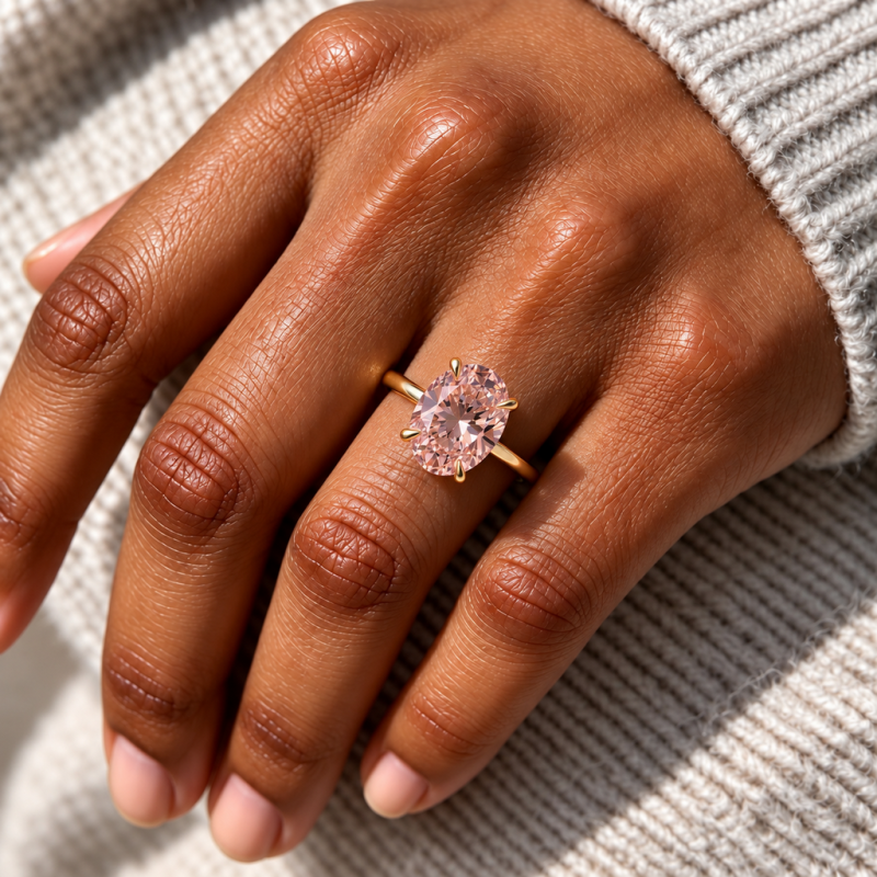 Oval Cut Lab Grown Morganite Hidden Halo Solitaire Engagement Ring - Image 5