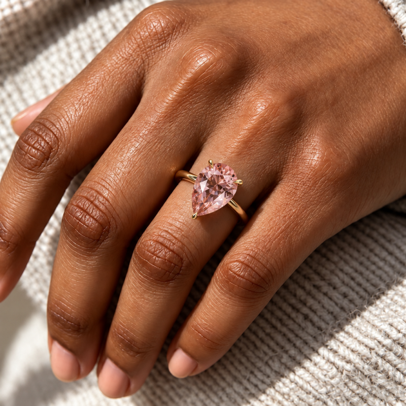 Pear Cut Lab Grown Morganite Hidden Halo Solitaire Engagement Ring - Image 5