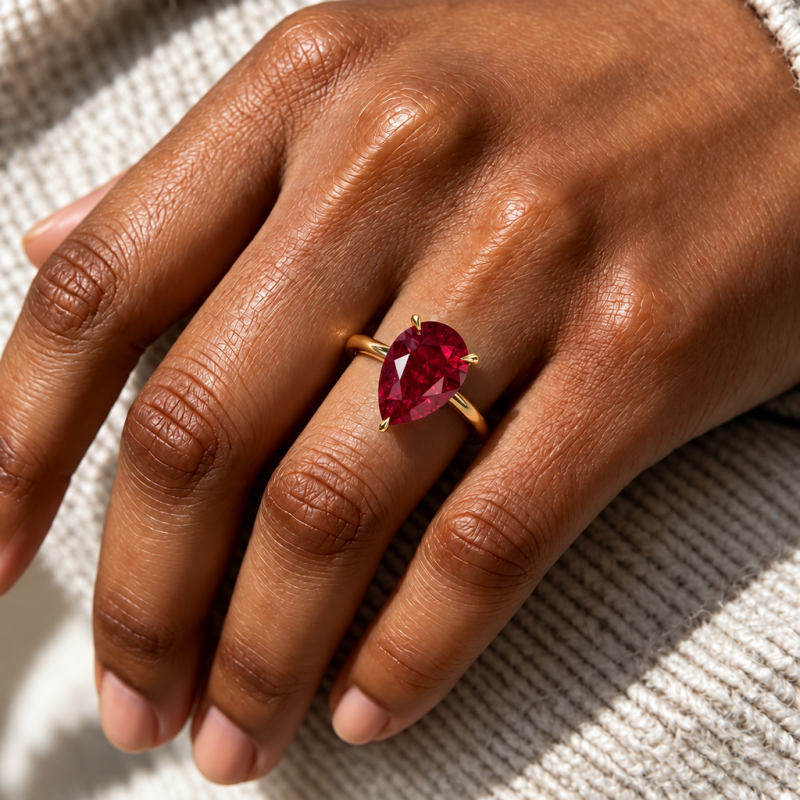 Pear Cut Lab Grown Ruby Hidden Halo Solitaire Engagement Ring - Image 5