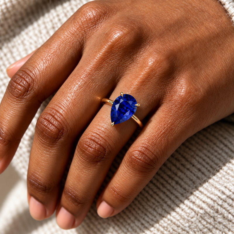 Pear Cut Lab Grown Sapphire Hidden Halo Solitaire Engagement Ring - Image 5
