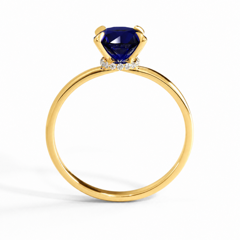 Round Cut Lab Grown Sapphire Hidden Halo Solitaire Engagement Ring - Image 4