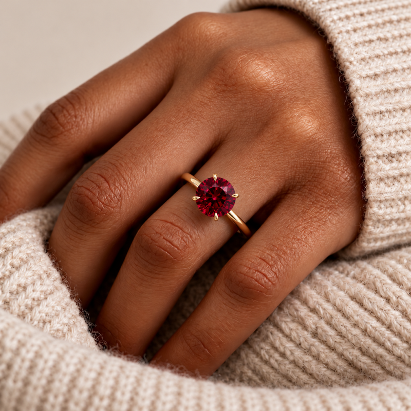 Round Cut Lab Grown Ruby Hidden Halo Solitaire Engagement Ring - Image 5