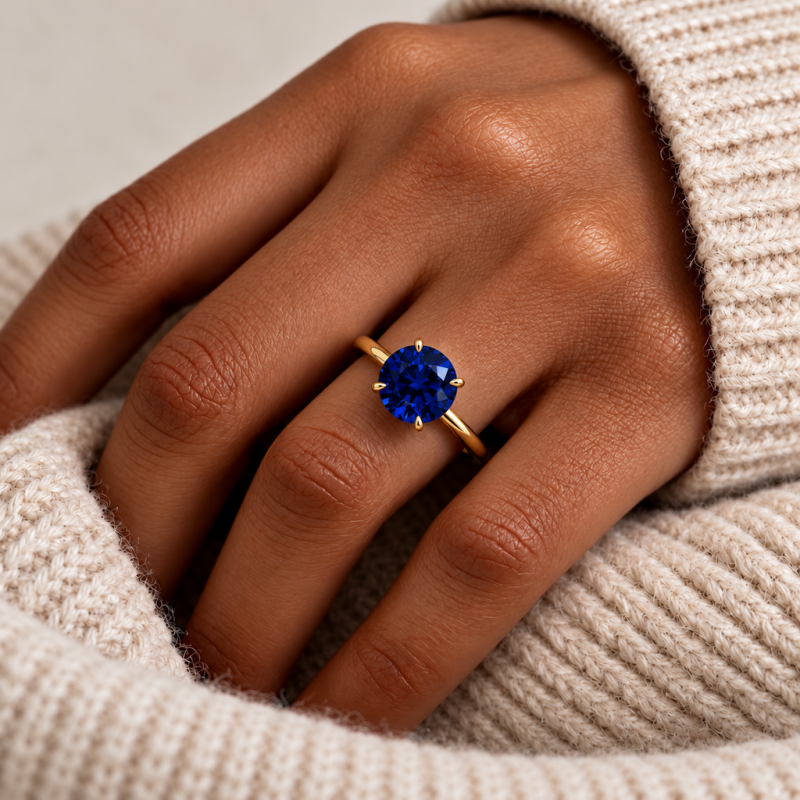 Round Cut Lab Grown Sapphire Hidden Halo Solitaire Engagement Ring - Image 5