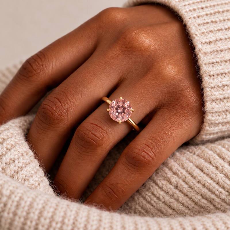 Round Cut Lab Grown Morganite Hidden Halo Solitaire Engagement Ring - Image 5