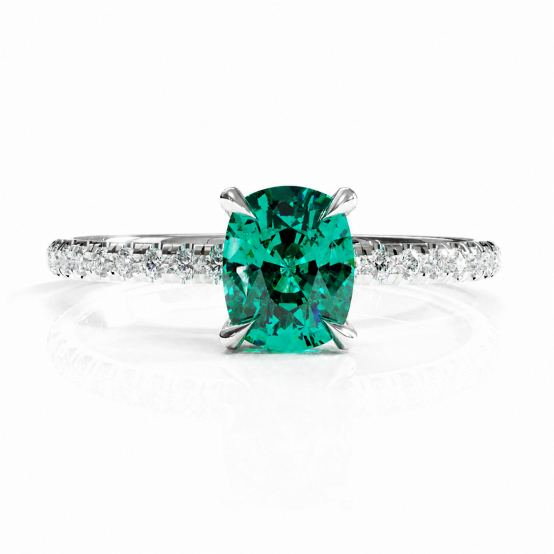 Elongated Cushion Cut Lab Grown Emerald Hidden Halo Pave Engagement Ring  - Image 3