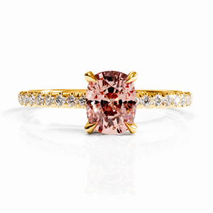 Elongated Cushion Cut Lab Grown Morganite Hidden Halo Pave Engagement Ring 