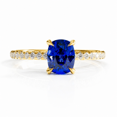 Elongated Cushion Cut Lab Grown Sapphire Hidden Halo Pave Engagement Ring 