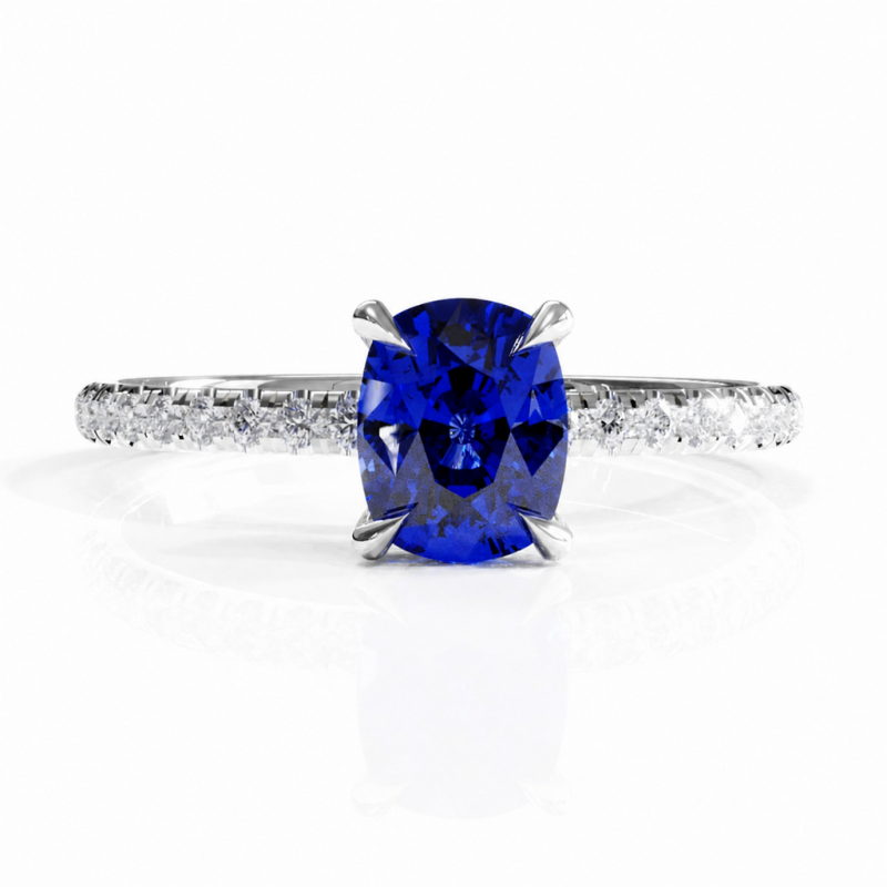 Elongated Cushion Cut Lab Grown Sapphire Hidden Halo Pave Engagement Ring  - Image 3