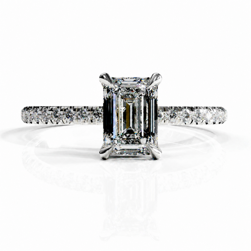 Emerald Cut Moissanite Hidden Halo Pave Engagement Ring  - Image 3