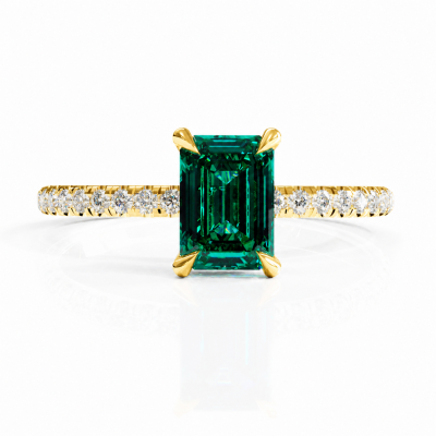 Emerald Cut Lab Grown Emerald Hidden Halo Pave Engagement Ring 