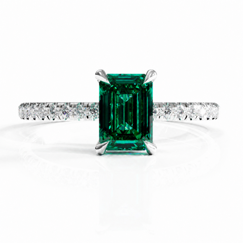 Emerald Cut Lab Grown Emerald Hidden Halo Pave Engagement Ring  - Image 3