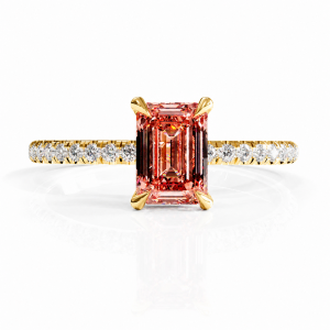 Emerald Cut Lab Grown Morganite Hidden Halo Pave Engagement Ring 