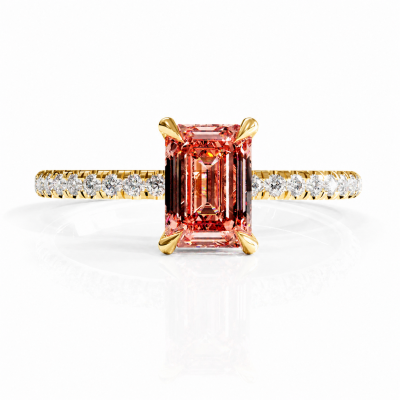 Emerald Cut Lab Grown Morganite Hidden Halo Pave Engagement Ring 