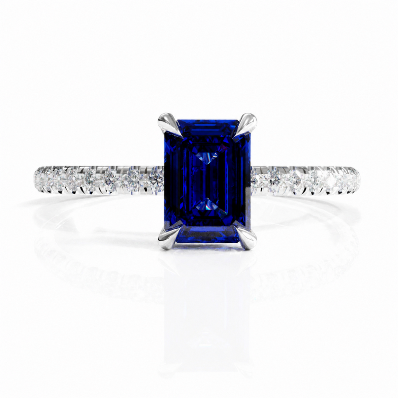 Emerald Cut Lab Grown Sapphire Hidden Halo Pave Engagement Ring  - Image 3