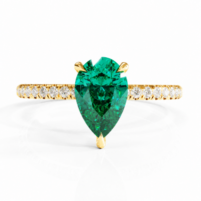 Pear Cut Lab Grown Emerald Hidden Halo Pave Engagement Ring 