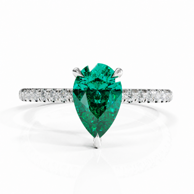Pear Cut Lab Grown Emerald Hidden Halo Pave Engagement Ring  - Image 3