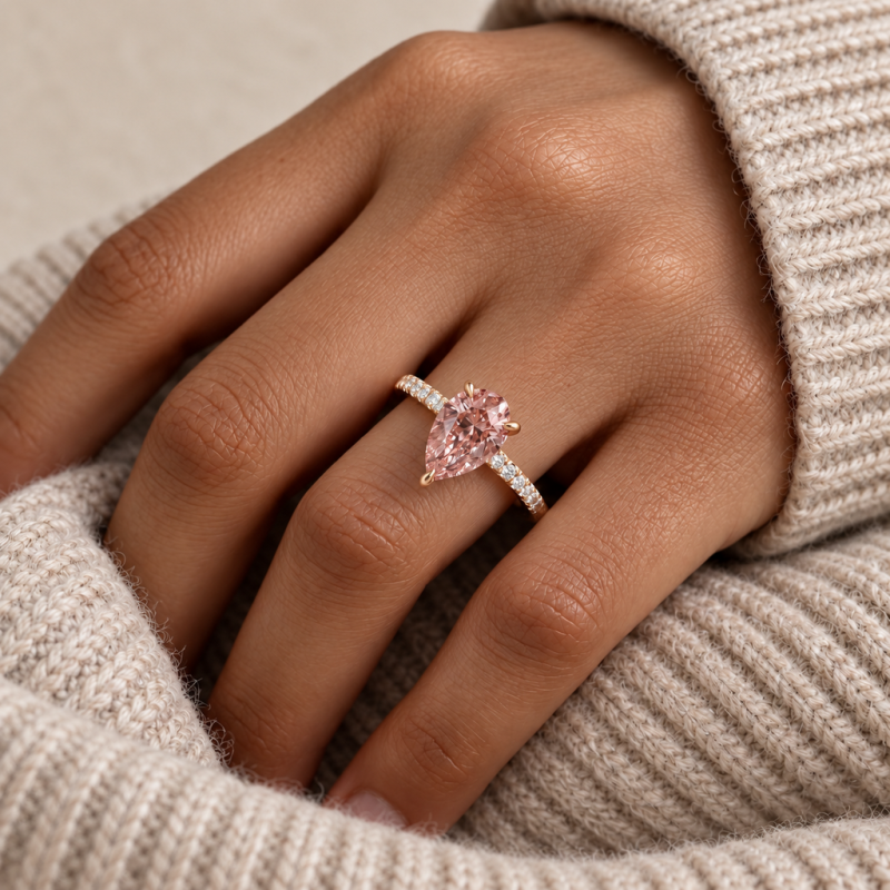 Pear Cut Lab Grown Morganite Hidden Halo Pave Engagement Ring  - Image 5