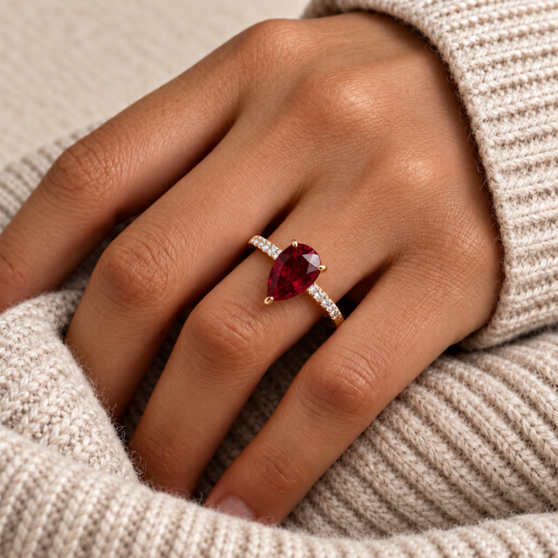Pear Cut Lab Grown Ruby Hidden Halo Pave Engagement Ring  - Image 5
