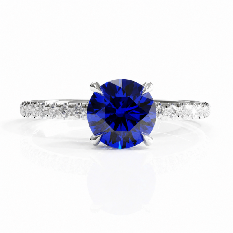 Round Cut Lab Grown Sapphire Hidden Halo Pave Engagement Ring  - Image 3