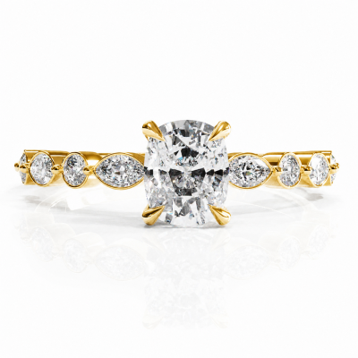 Elongated Cushion Cut Moissanite Hidden Halo Side Stone Engagement Ring