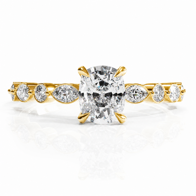 Elongated Cushion Cut Moissanite Hidden Halo Side Stone Engagement Ring - Image 1