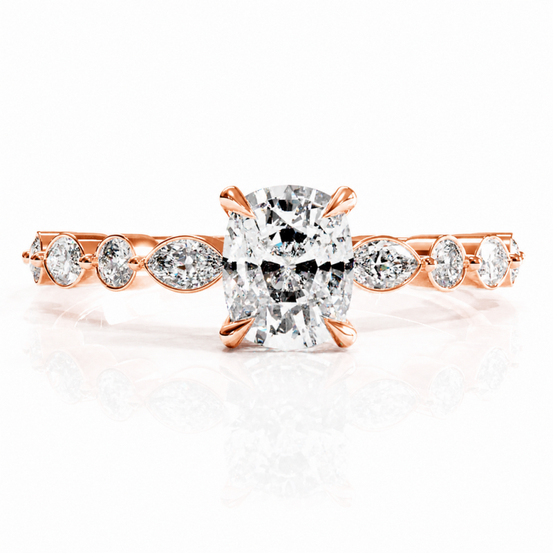 Elongated Cushion Cut Moissanite Hidden Halo Side Stone Engagement Ring - Image 2