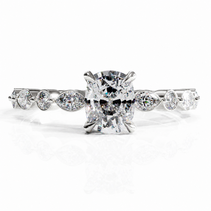 Elongated Cushion Cut Moissanite Hidden Halo Side Stone Engagement Ring - Image 3