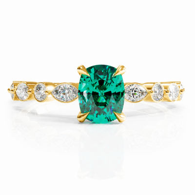 Elongated Cushion Cut Lab Grown Emerald Hidden Halo Side Stone Engagement Ring